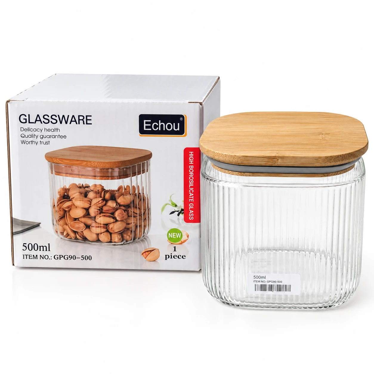 500ml Fluted Glass Storage Jar with Airtight Bamboo Lid - view 2